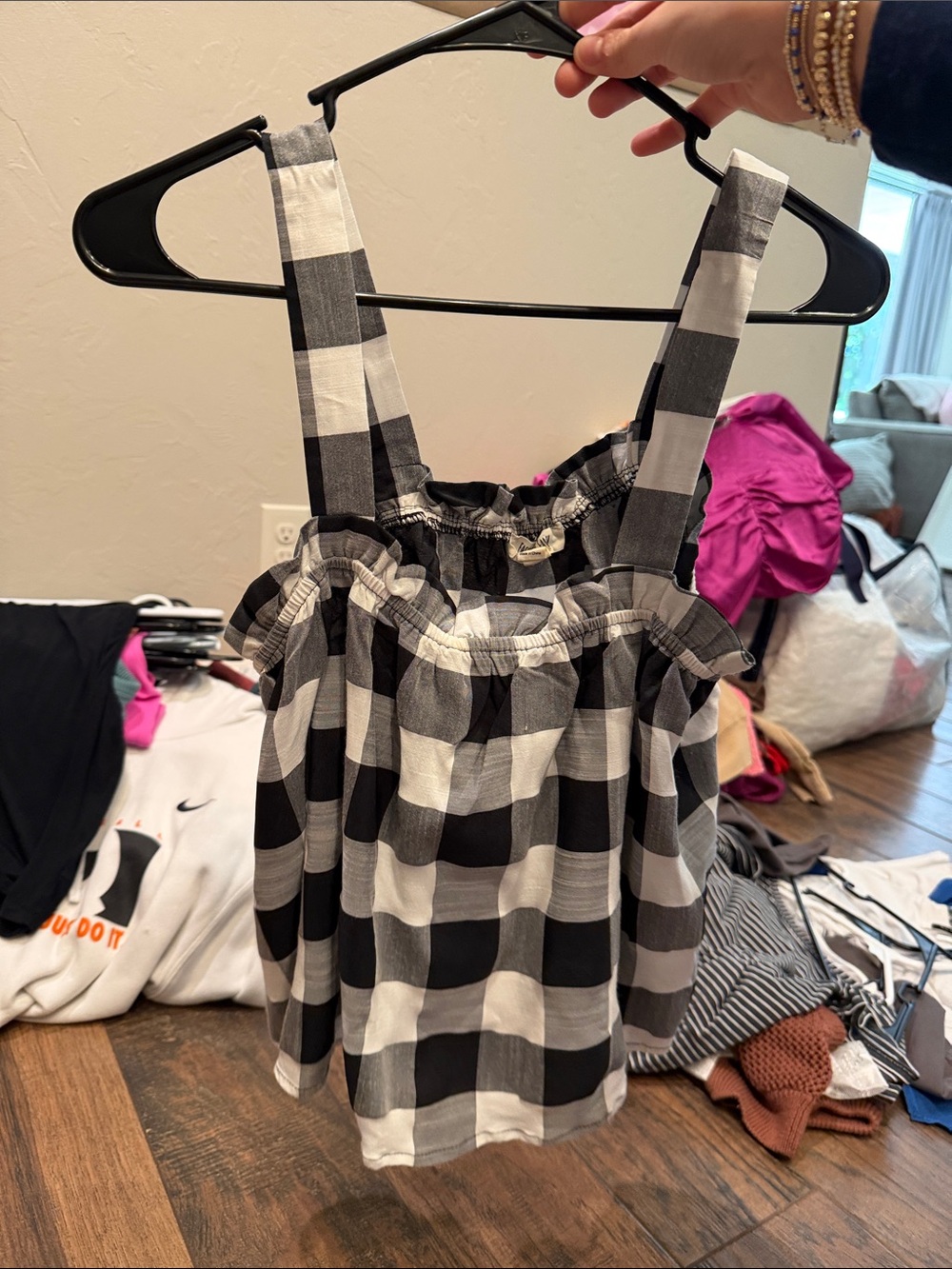 Black & White Gingham Ruffle-Top Tank